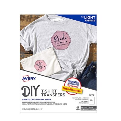 Avery 3275 DIY T-Shirt Transfers Light Fabrics 12/Pk Iron-On 8 1/2''X11'' Ink Jet