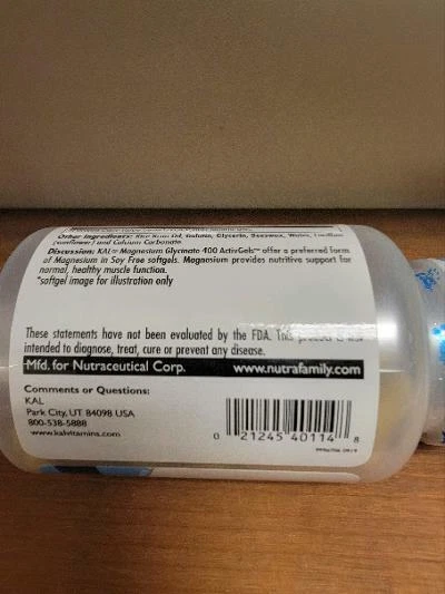 Glicinato de magnésio KAL 400mg 60 cápsulas moles sem soja melhor por 22/09 - Imagem 3 de 3