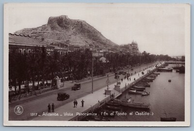 Alicante Spain Castle Classic Car Boat Fishing Fleet Background RPPC postcard C4