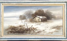J. Newton, VTG mid-20 C Original Large Impressionist O/C "Winter Barn Landscape"