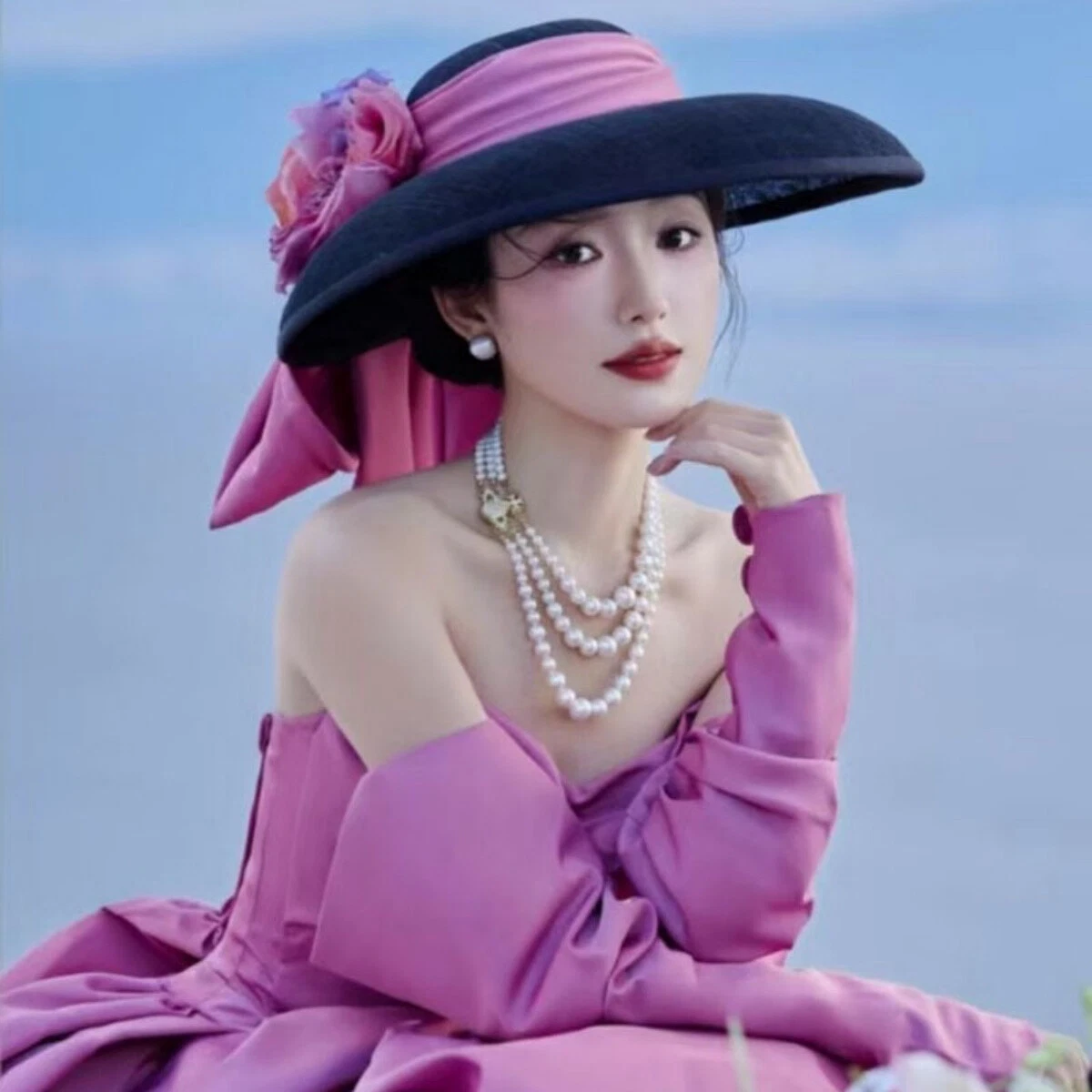 Retro Hepburn Hat for Women Black French Satin Bow Flower Top Hat for Tea Party