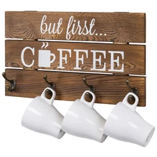MyGift 8 Hook Rustic Dark Brown Wood But First Coffee Sign and Mug Holder Rack