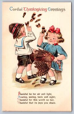 c1910  WINSCH Postcard THANKSGIVING Kids pluck feathers from turkey unused