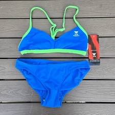 TYR Womens Durafast Solid Microback Blue/green Workout Bikini Set Sz 32 XS NEW 