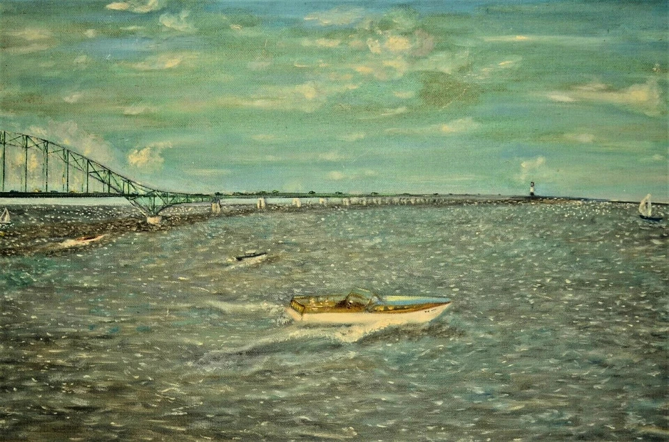 MELLEN Оригинальный Винтажный Подписанный Маяк Лонг-Айленд Лодка Морской пейзаж Картина маслом - Изображение 2 из 4