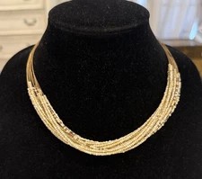 Coldwater Creek Gold Tone Beige Seed Beaded Choker Collar Statement Necklace