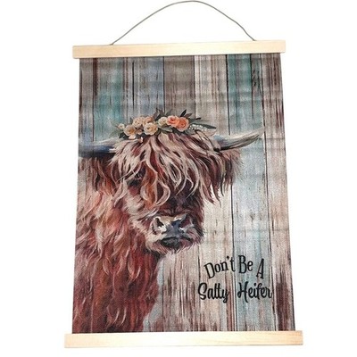 Don't Be A Salty Heifer Highland Cow Rustic Wood Frame Wall Hanging Scroll 12x18