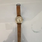 Vintage Timex Indiglo Quartz Analog Watch Gold Case Brown Leather Band