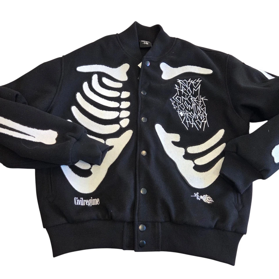 Civil Regime 6 Feet Deep Varsity Jacket Men's Bomber Black Skeleton Skater L - Image 3 of 4