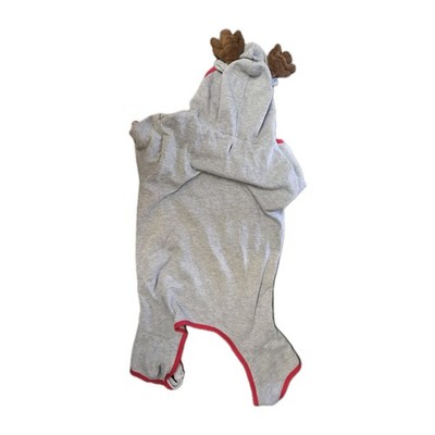 XL Dog Pajamas Gray Hooded One Piece w/ Ears & Antlers Cozy Loungewear