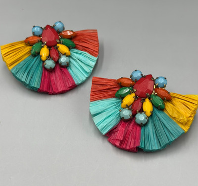 Raffia Statement Earrings Gold Tone Faceted Rhinestones Fan Shape Pierced