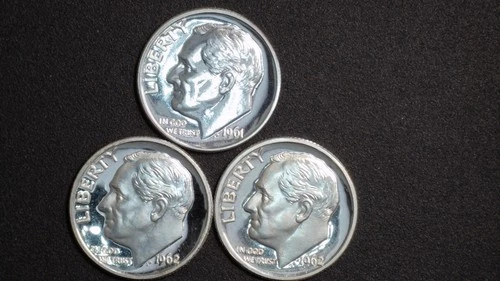 Two (2) 1962 and One (1) 1961 Proof Silver Roosevelt Dimes - 90% Silver