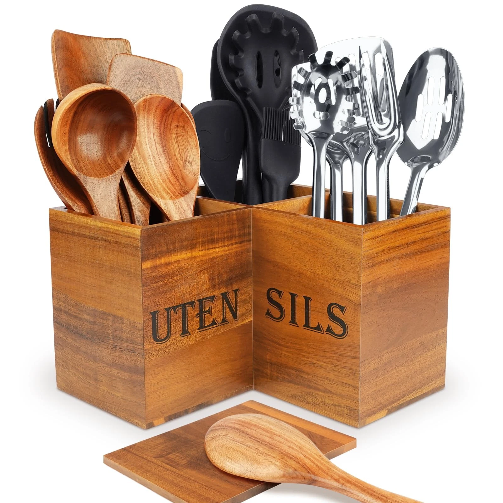 Wooden Corner Utensil Holder for Kitchen Countertop, Extra Large Kitchen Uten...