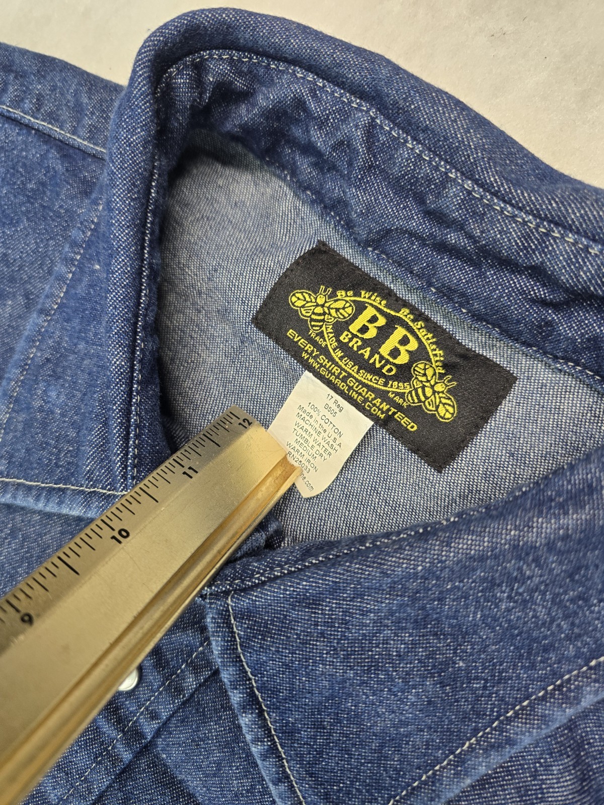 Vintage BB Brand Shirt Mens Large Blue Denim Western Pearl Snap USA Made image 6