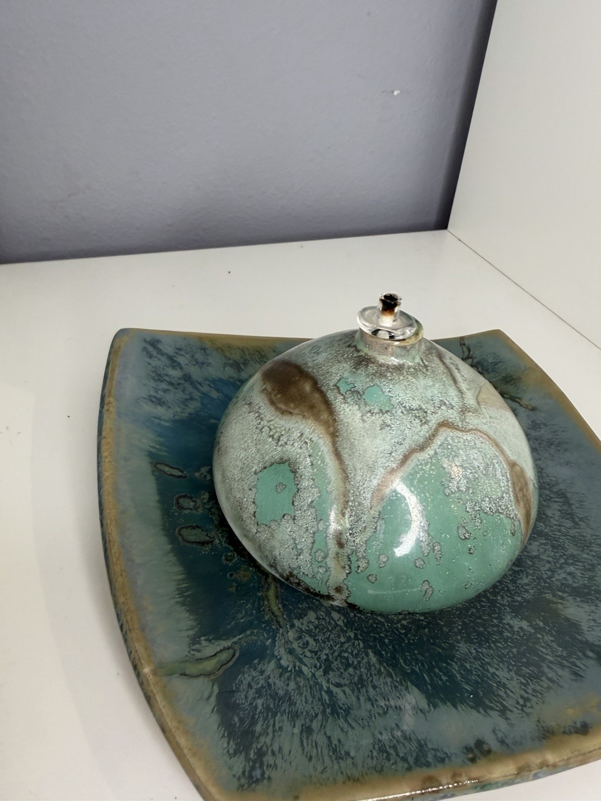JT British Columbia Studio Pottery Oil Lamp & Under Plate Teal Crystalline Glaze thumbnail 3