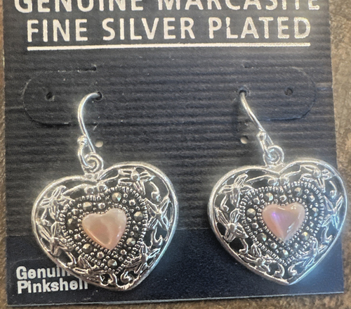 New Genuine Marcasite Silver Plated Love Heart Pink Shell Earrings Valentine's - Picture 2 of 3