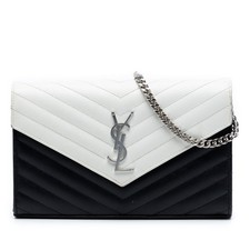 Saint Laurent Bicolor Grain De Poudre Chevron Monogram Envelope Chain Wallet