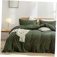 Duvet Cover Set 100 Washed Queen 90" x 90" Olive Green No Comforter 