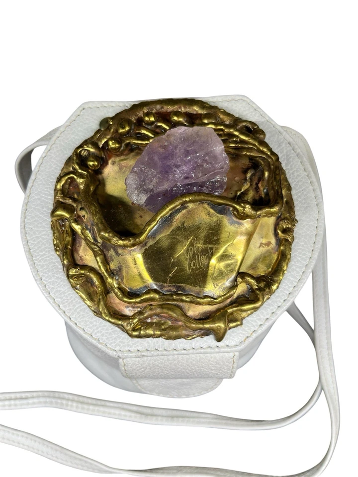 Vintage Copa Collection Leather Purse Handbag Brazil Handmade Brass Amethyst - Image 2 of 4