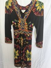ECI A-Line V-Neck Long Sleeve Midi Dress Black Multicolor Floral Tie Belt 12