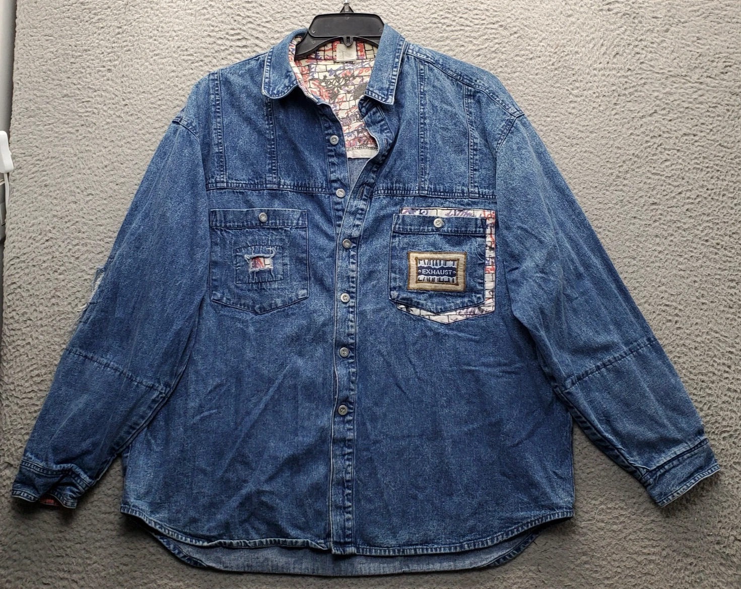 Vtg 90s Exhaust Button Up Shirt Mens L Blue Denim Distressed Grunge Streetwear