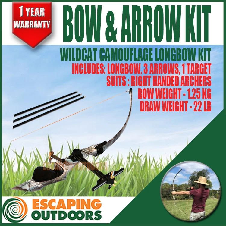 BOW AND ARROW SET Archery Long Bow 22 lb Free arrow kit Target hunting TAKEDOWN