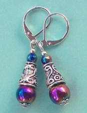 RAINBOW HEMATITE Bali cone earring SP LEVERBACK handcrafted XX