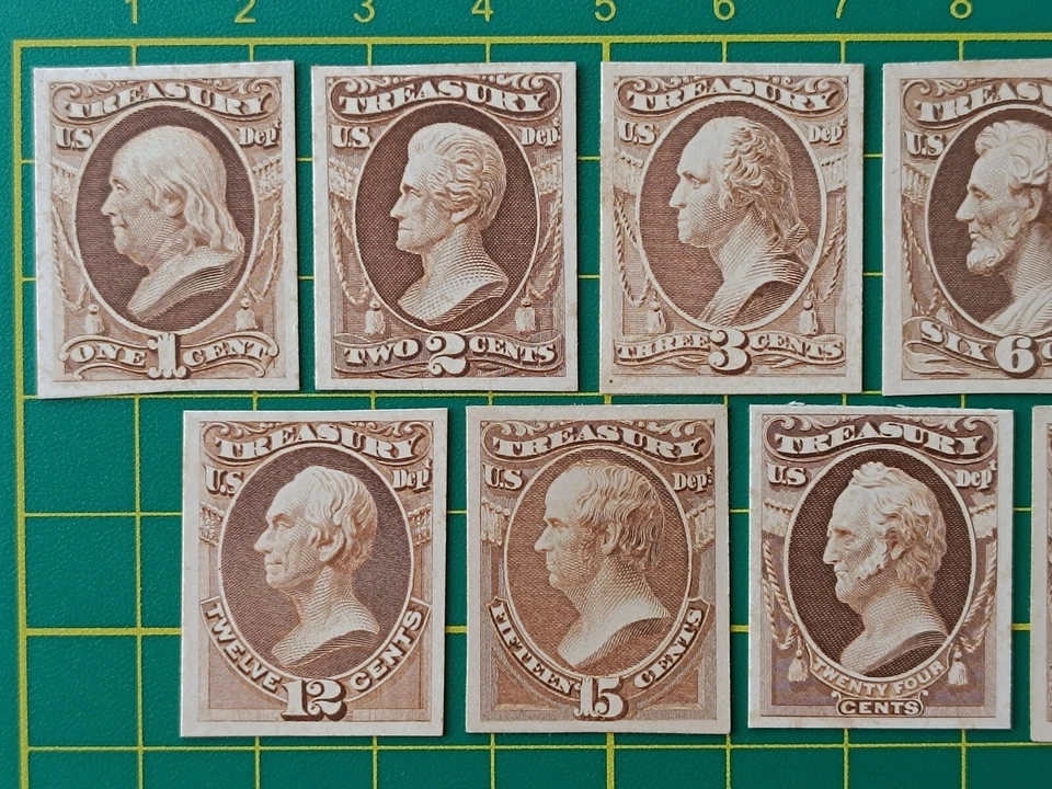 US Stamps, Official Treasury Dept. Set of 11, Trial Color PROOF on Card, VF, MLH - Image 2 of 4