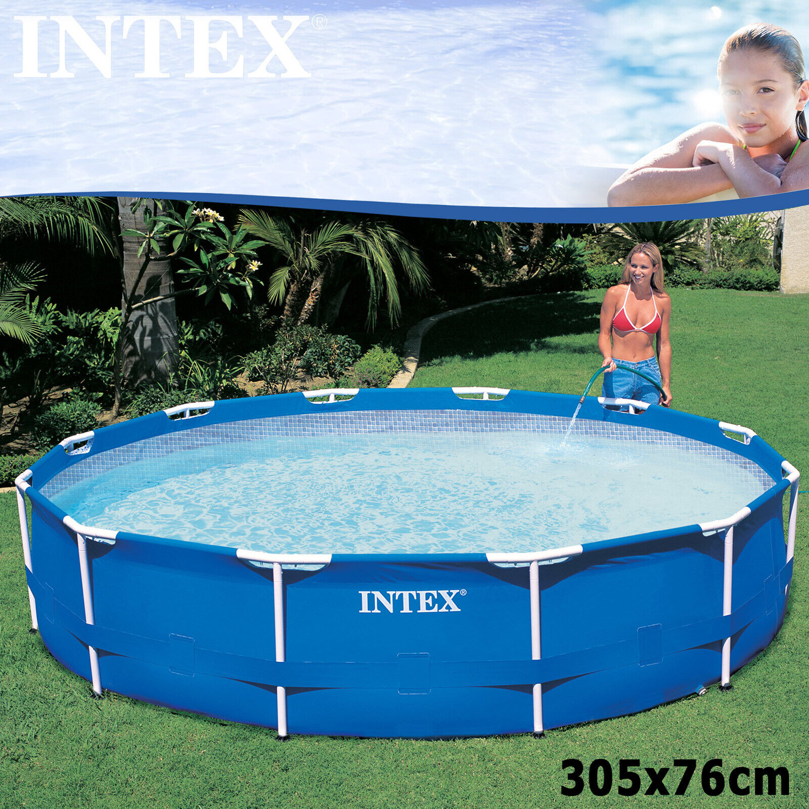 Круглый бассейн с водой. Бассейн каркасный Intex Metal frame 76 х 366 см. Бассейн Intex Metal frame 28200, 305х76 см. Бассейн Intex 28210. Бассейн каркасный Intex 28202 76 х 305 х 305 см.