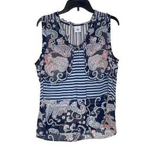 Cabi Women Top Sheer Tank Paisley Striped Ruffled Peplum Sleeveless Blue Small