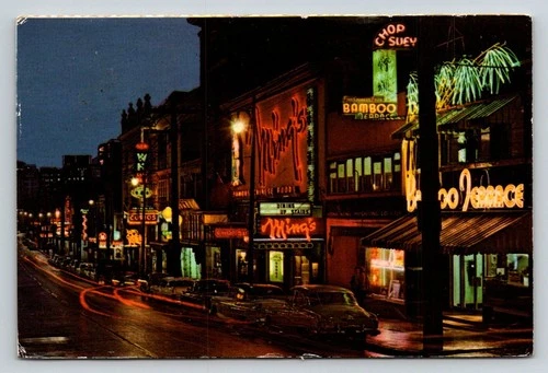 Vintage Vancouver BC Chinatown Night Neon Signs Postcard 1970s Plastichrome