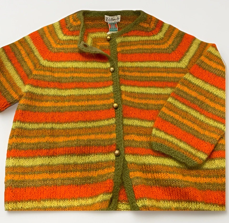 VTG Sweater MCM Retro Cardigan Handknit Italy Orange Stripe B Altman Ilaria M/L - Image 3 of 4