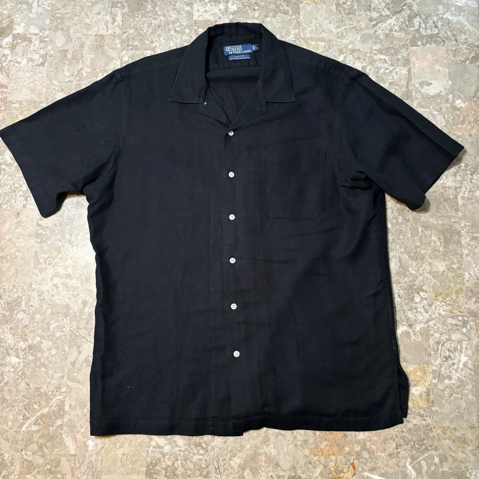 Polo Ralph Lauren 衬衫男式大号黑色纯色亚麻露营领复古 Clayton — 第 2/4 张图片