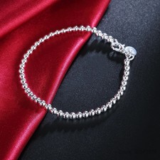 925 Solid Sterling Silver 4mm Beads Chain Bra...