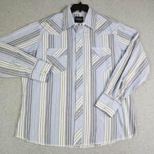 Wrangler Western Shirt Mens XL Blue White Striped Cotton Cowboy Pearl Snap