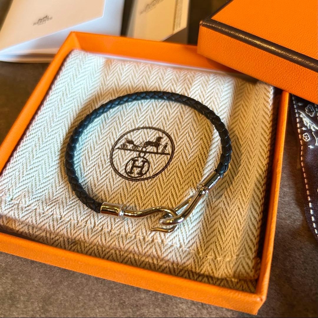 Hermes Braided Leather Bracelet Black Silver Hook 7.1 in Pre owned