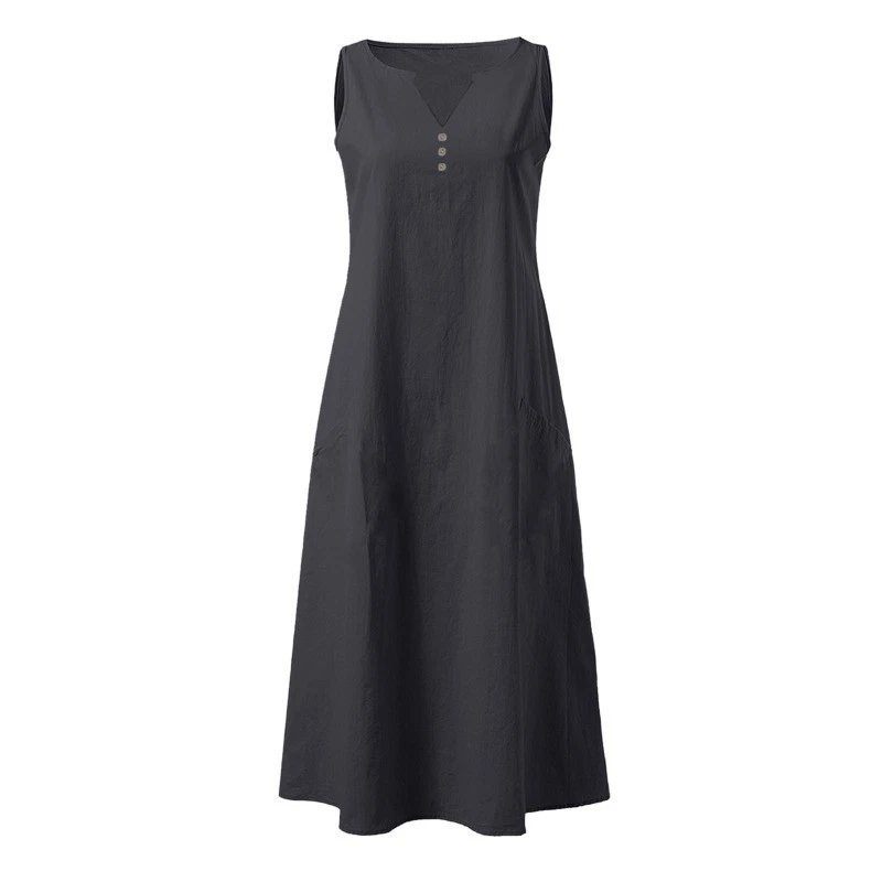 Women Cotton Linen Sleeveless Maxi Dress Ladies Summer Casual Solid V Neck Dress - Image 4 of 4