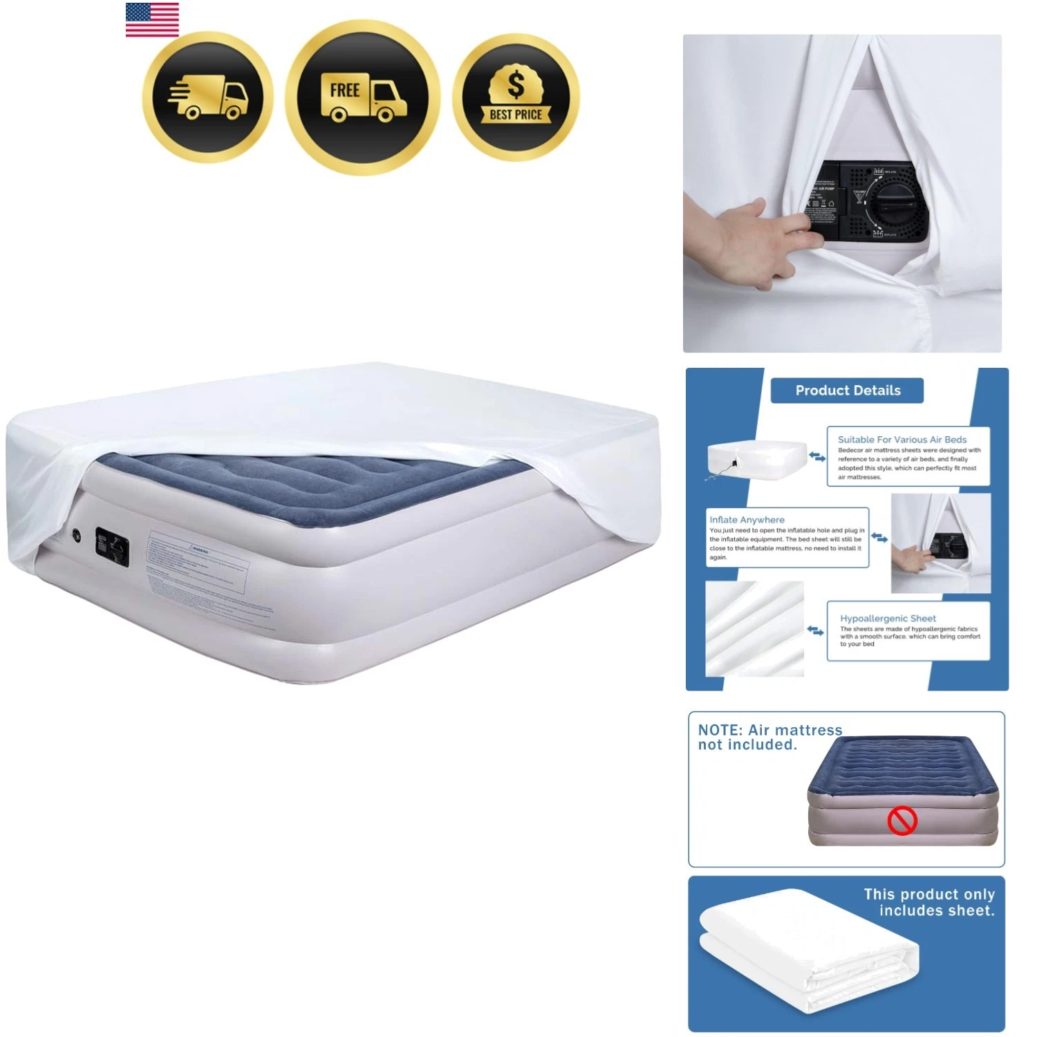 Fitted Sheet for Air Mattress Twin Fitted Sheets Microfiber Deep 21Inch