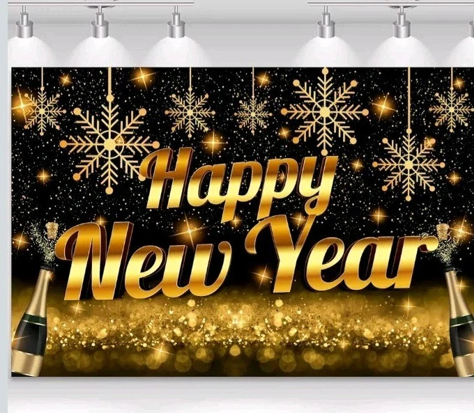Happy New Year Background Backdrop. Fabric Reusable. Gold Blk Bling. 7ftx2ft New - Image 3 of 4