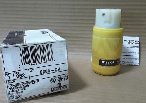 NEW LEVITON 6364-CR LOCKING CONNECTOR YELLOW 3-POLE 4-WIRE 50A 125/250V 6364CR