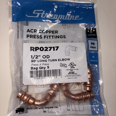 Streamline ACR Copper Press Fittings RP02717 Long Turn Elbow 4 PCS OPEN BAG