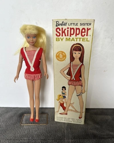 Vintage Skipper Doll Blonde No. 0950 Barbie's Little Sister 1963 Stand Box