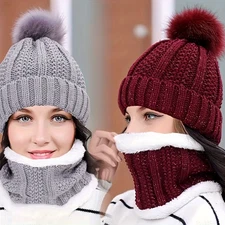 Women Winter Beanie Pom Hat Knitted Scarf Set Bobble Thermal Warm Snow Ski Cap