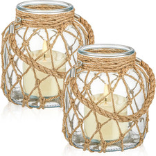 2 Set Nautical Candle Lantern with Rope Handle Coastal Glass Jar Battery Oper...