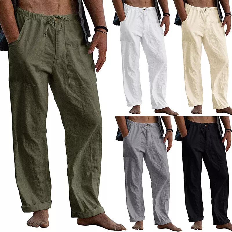 Men's Summer Beach Loose Cotton Linen Pants Yoga Drawstring Elasticated  Trousers