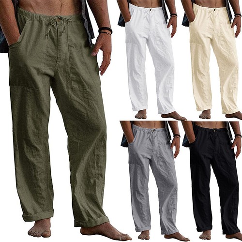 Mens Summer Beach Loose Cotton Linen Pants Yoga Drawstring Elasticated Trousers - Picture 1 of 14