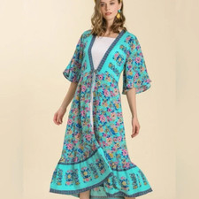 Umgee NWT Gypsy Boho Duster Teal Blue hippy bohemian Cardigan Kimono S