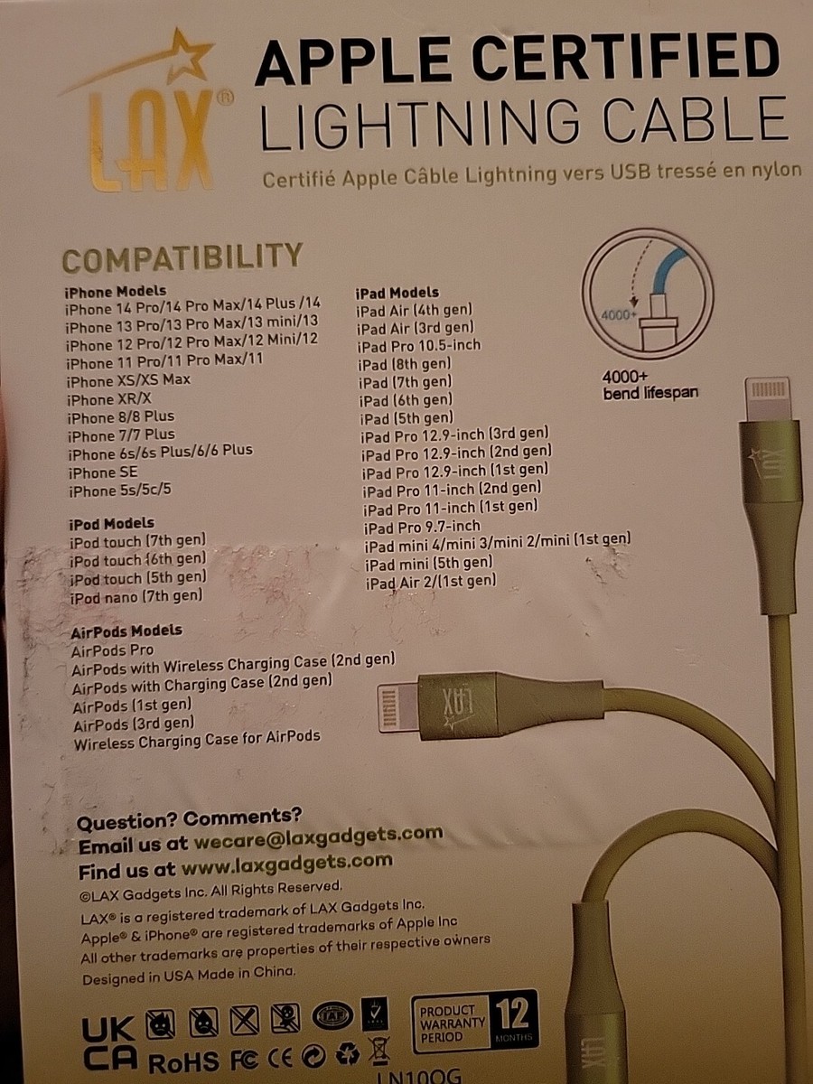 LAX Apple Cable Charger 10 FT Braided Green, iPhone Charger