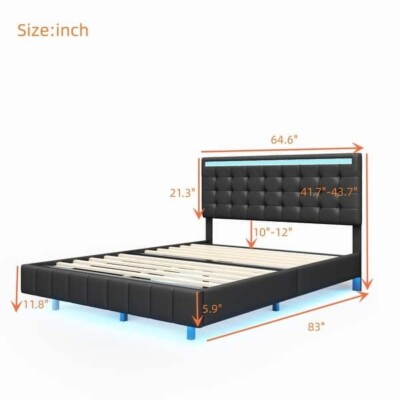 Black Queen - sized Levitating bed frame, 2 built in USB ports, LED lights