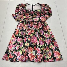 Shein Black Floral Puff Shoulder Long Sleeve A-Line Dress Womens Size Medium 